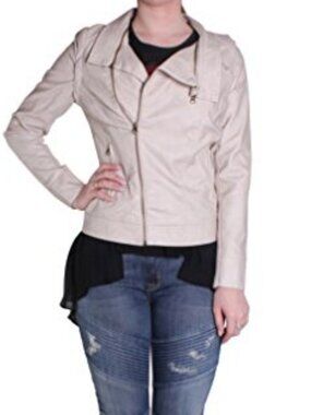Desigual Women's Faux Leather Moto Jacket Beige Embroidered Floral Biker EU 40 M